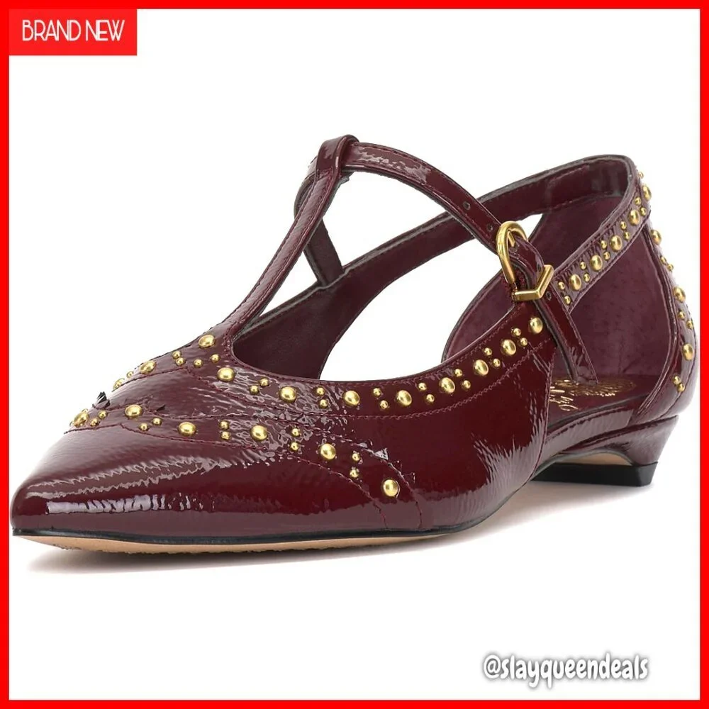 Studded Kitten Heel Mule Sandals, Pointed Toe, Faux Patent Leather